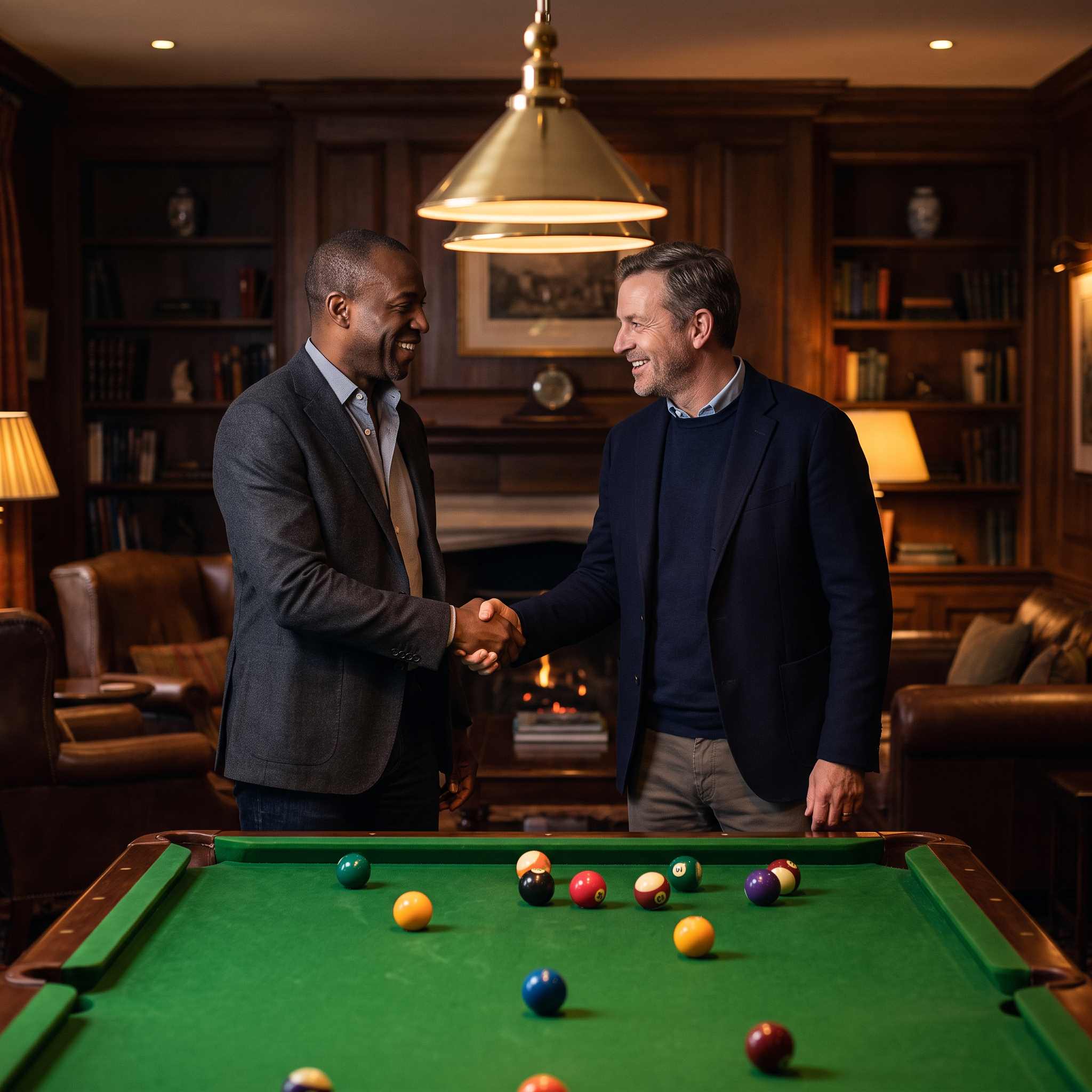 Two players shaking hands over the table after a frame