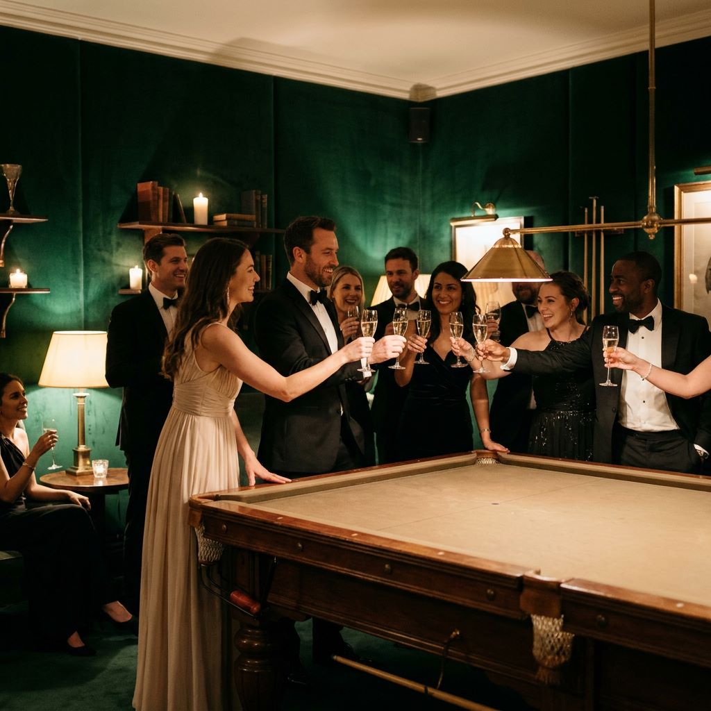 Guests raising glasses in a toast around a table at a private celebration