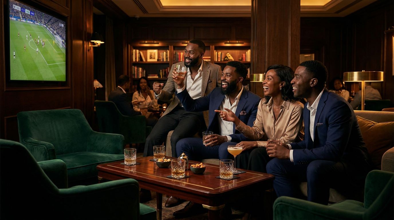 Guests watching a match on a large HD screen wall in a dim emerald lounge