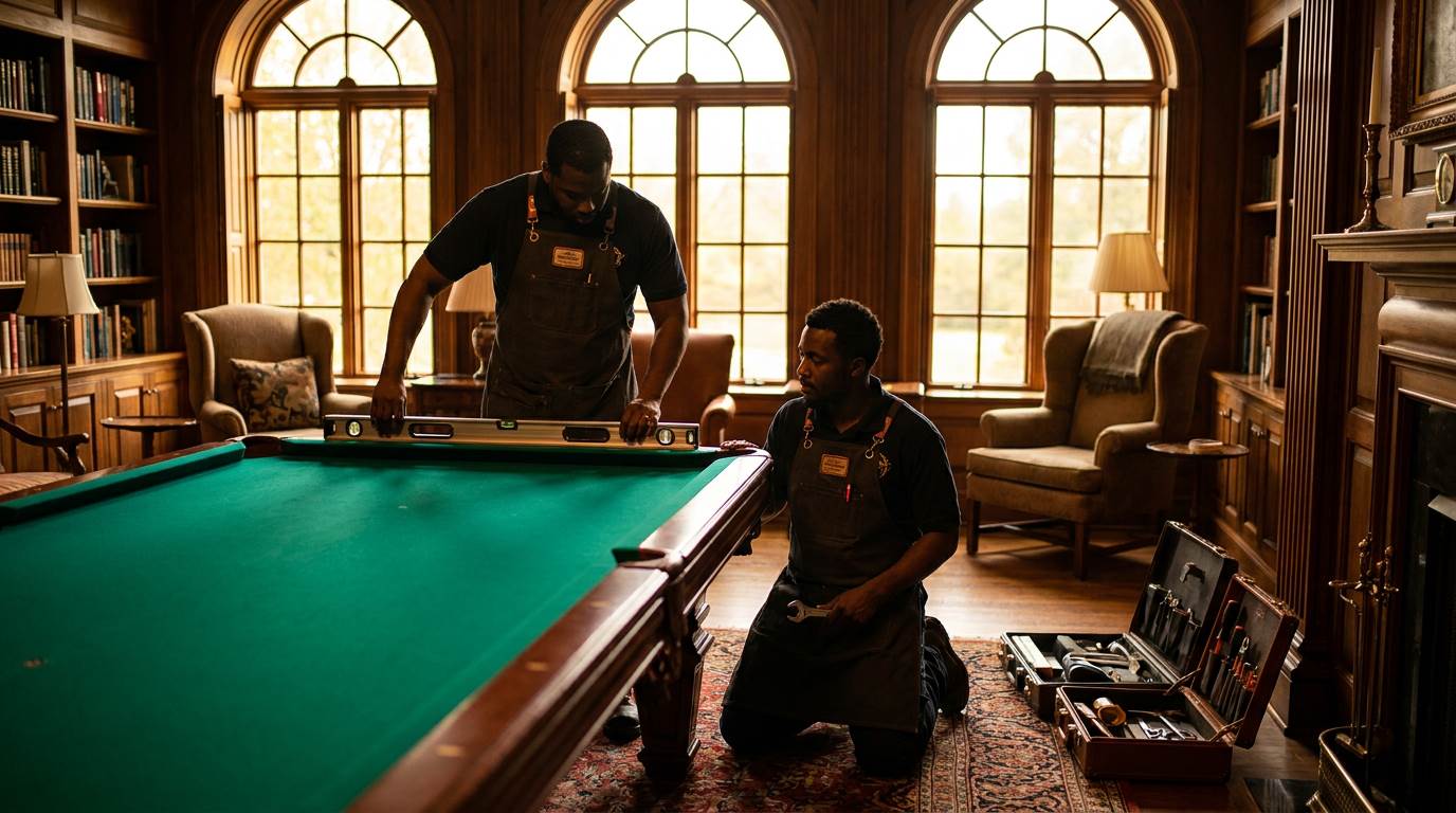 A professional installer levelling a new championship pool table