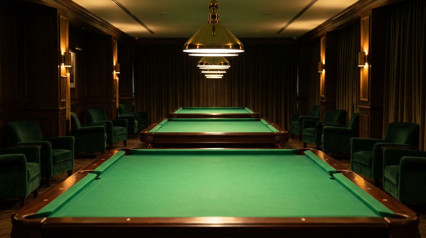 A championship pool table at ViDi Pools, emerald cloth under a low brass lamp
